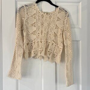 Rebellion Crochet Lace Top Size M Boho Cream Open Knit Festival Cropped LS Top